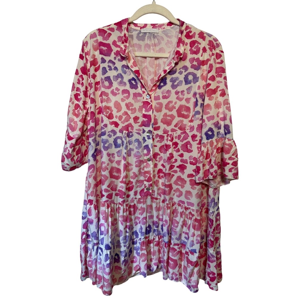 Made in Italy Tiered Leopard Print Shirt Dress Pink Purple Size L